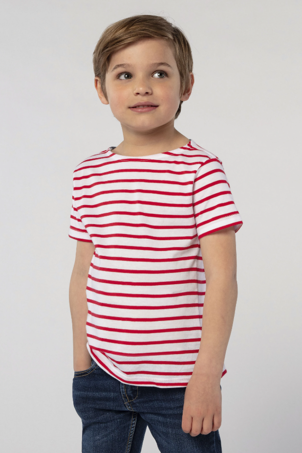 Dziecięcy T-shirt w paski z okrągłym dekoltem, krótki rękaw - White & Red