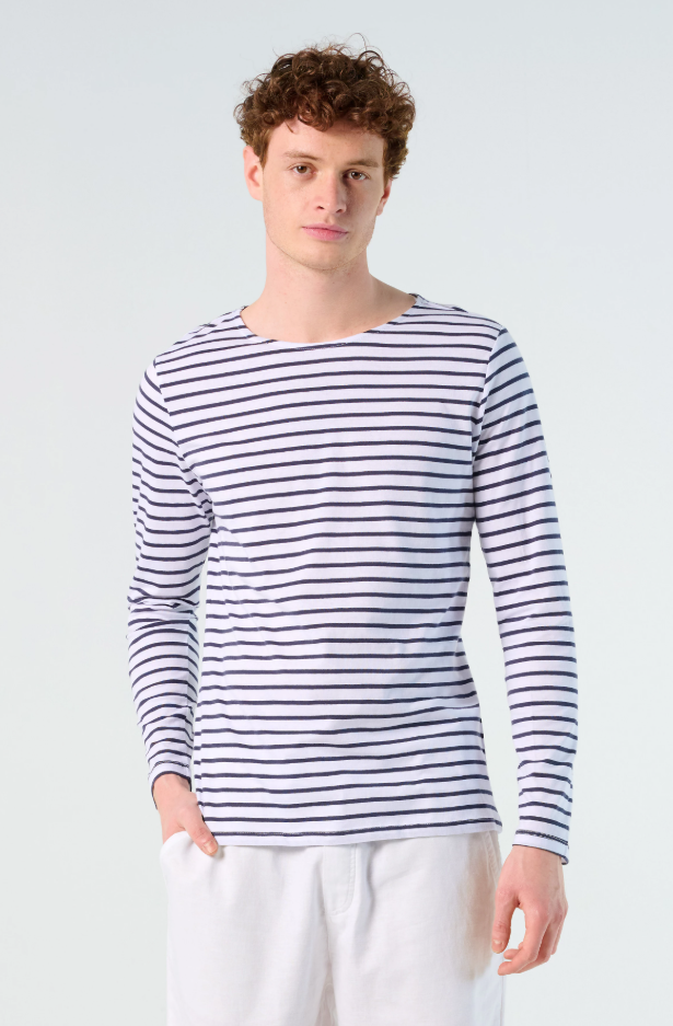 Męska Koszulka w Paski z Długim Rękawem - White & Navy