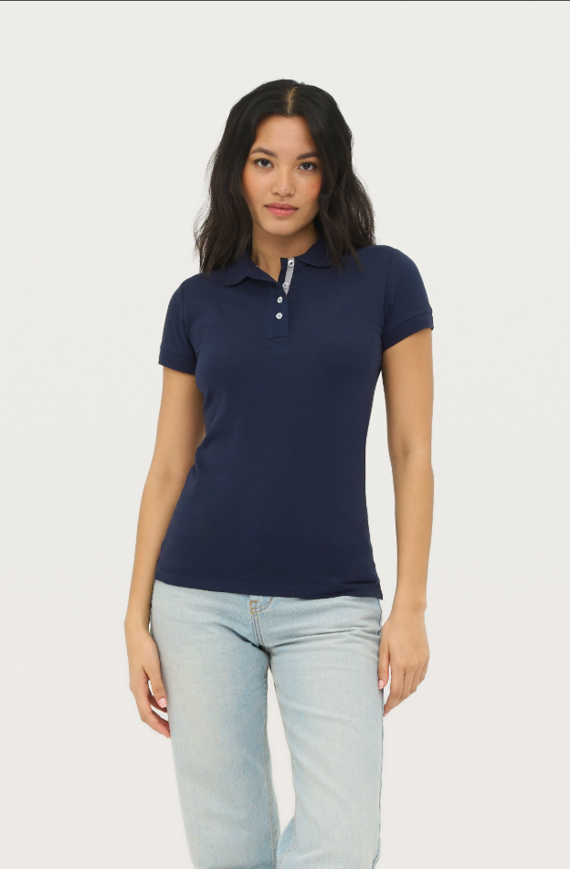 Damska Koszulka Polo Slim z Krótkim Rękawem - French Navy & Grey (Solid)