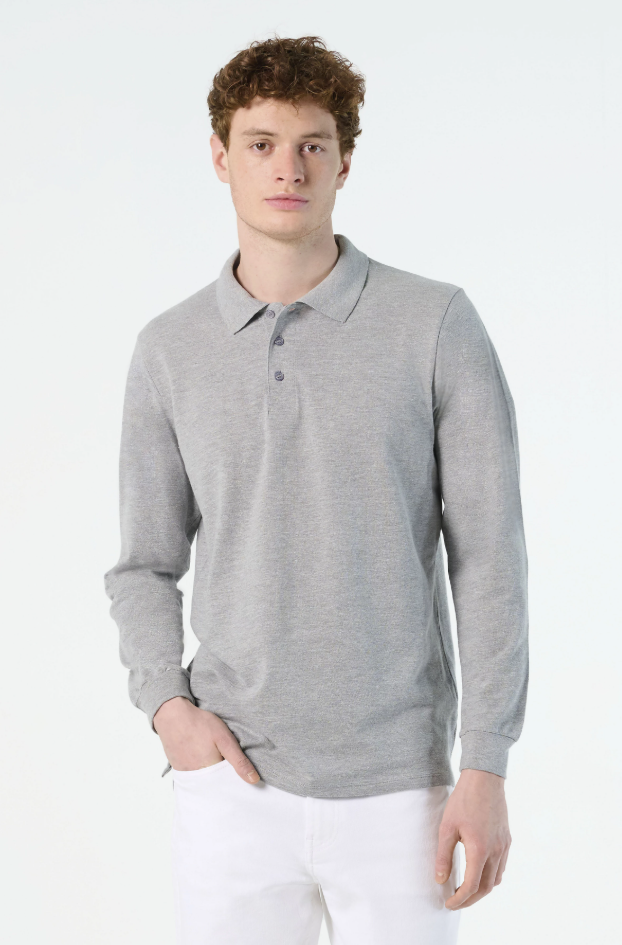 Polo męskie z długim rękawem - Grey Melange