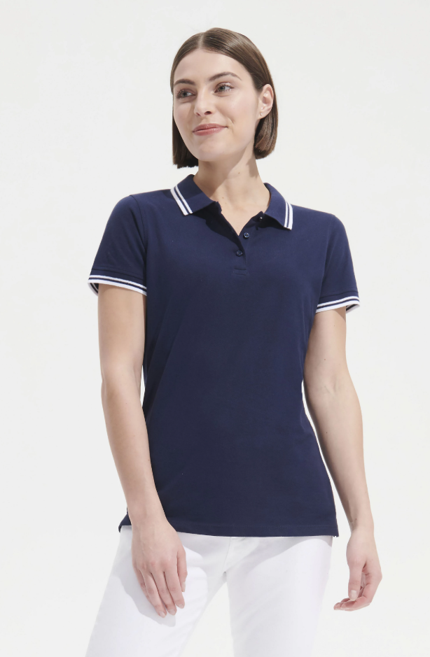 Damska koszulka polo slim z krótkim rękawem - French Navy & White