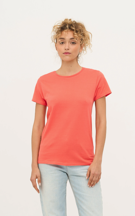 Damski T-shirt Bawełniany z Okrągłym Dekoltem - Orange