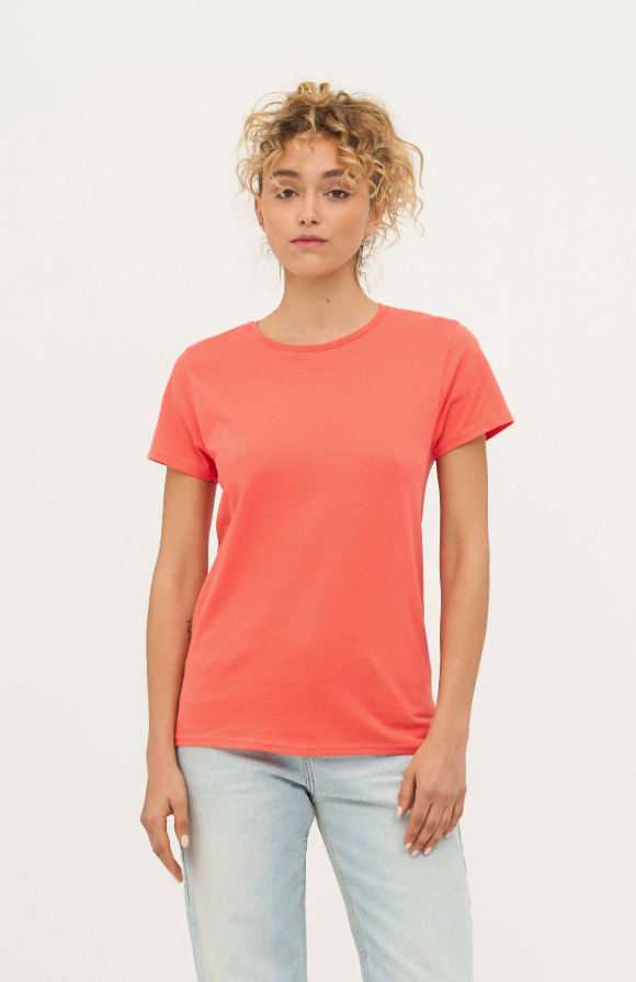 Damski T-shirt Bawełniany z Okrągłym Dekoltem - Pale Pink