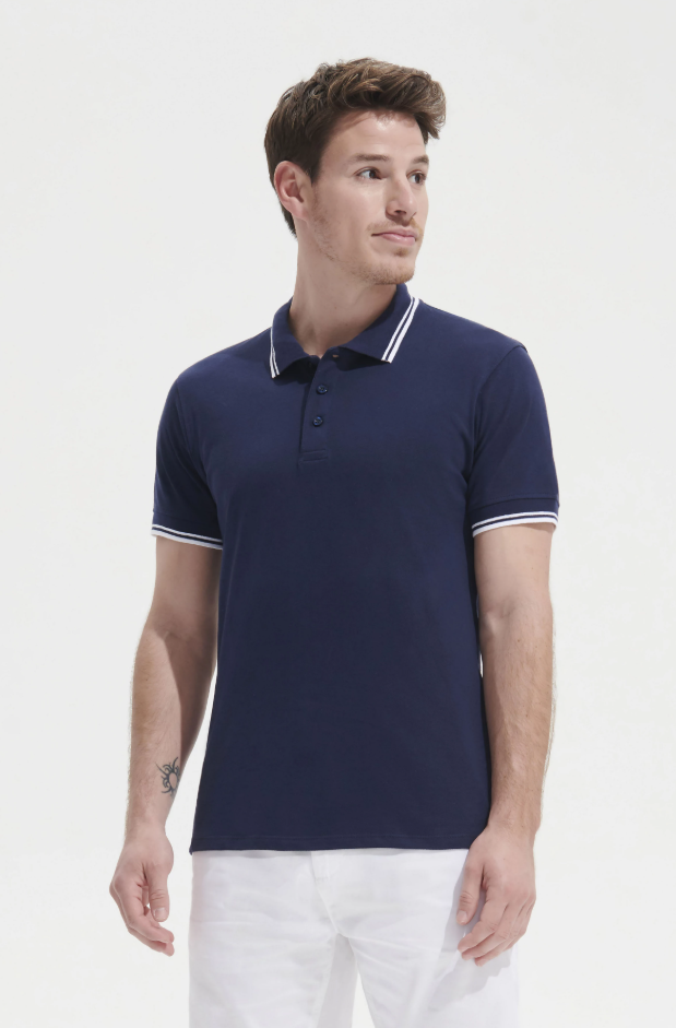 Męskie Polo Slim z Kontrastowymi Detalami - French Navy & White