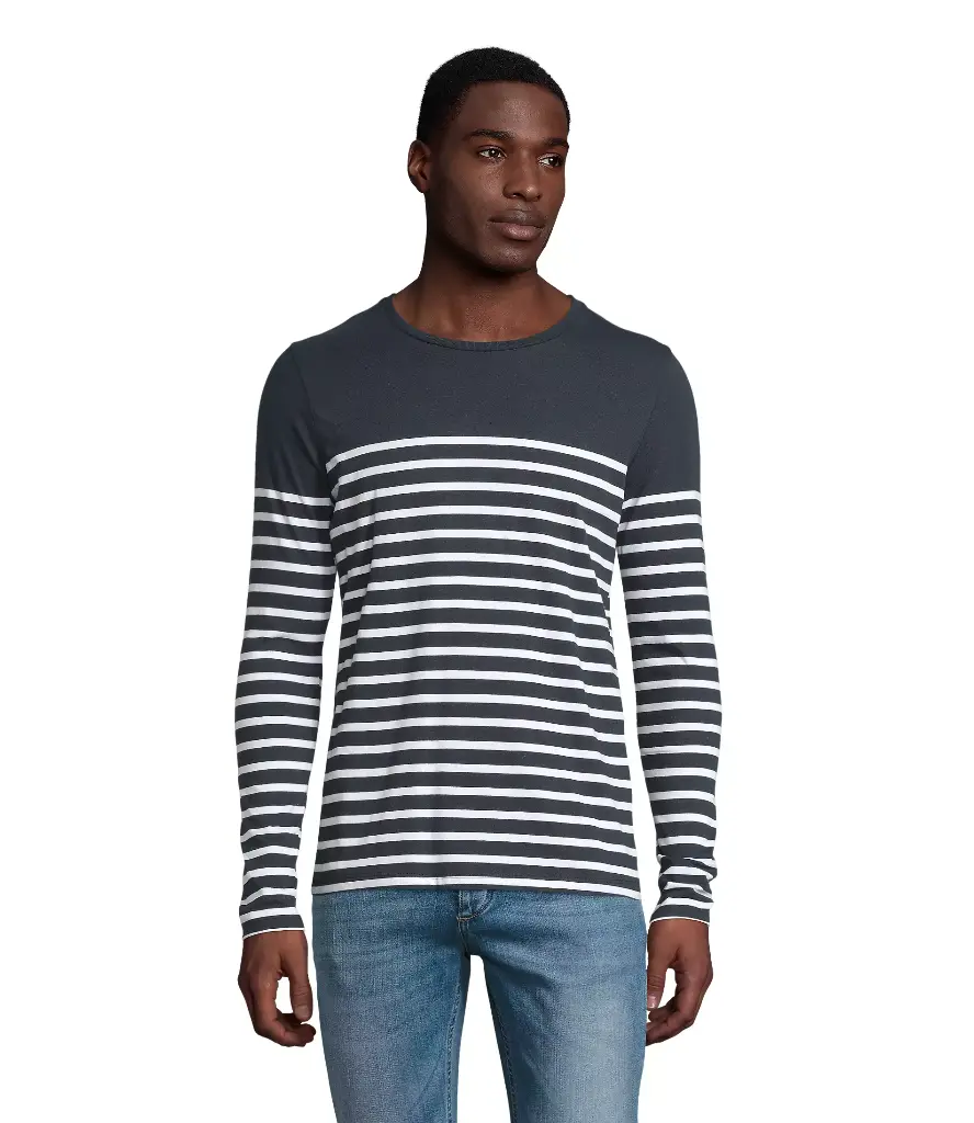 Męska dopasowana koszulka w paski z długim rękawem - French Navy & White