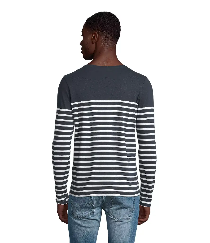 Męska dopasowana koszulka w paski z długim rękawem - French Navy & White
