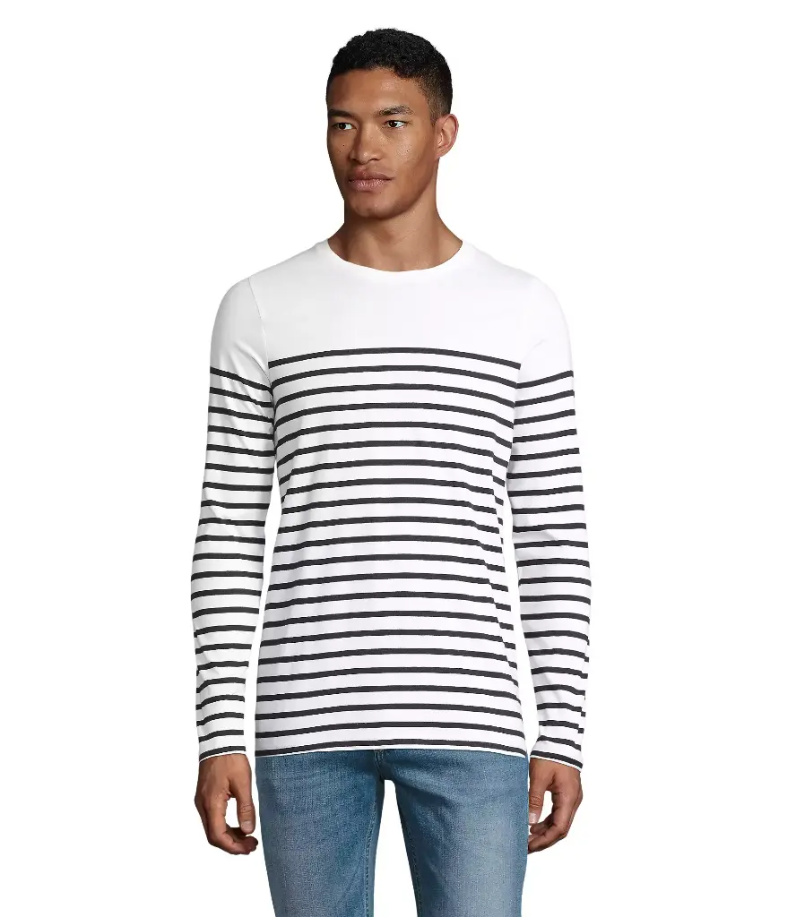 Męska dopasowana koszulka w paski z długim rękawem - White & Navy