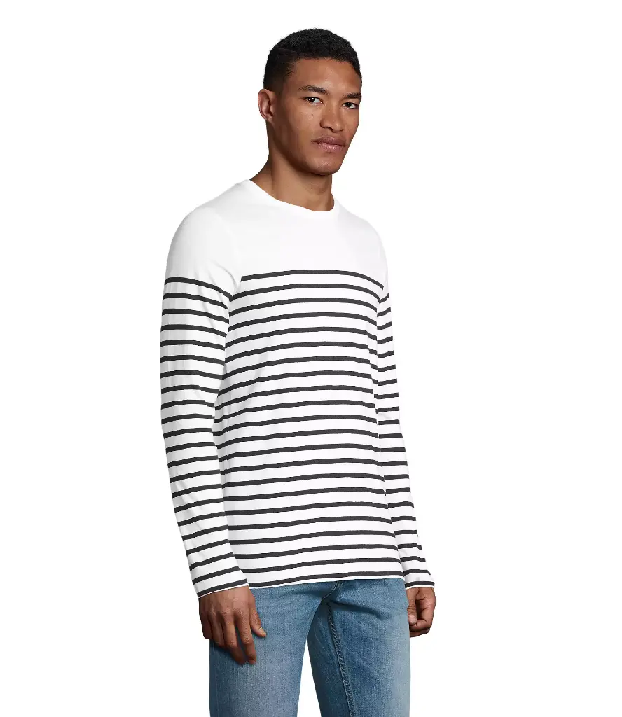 Męska dopasowana koszulka w paski z długim rękawem - White & Navy