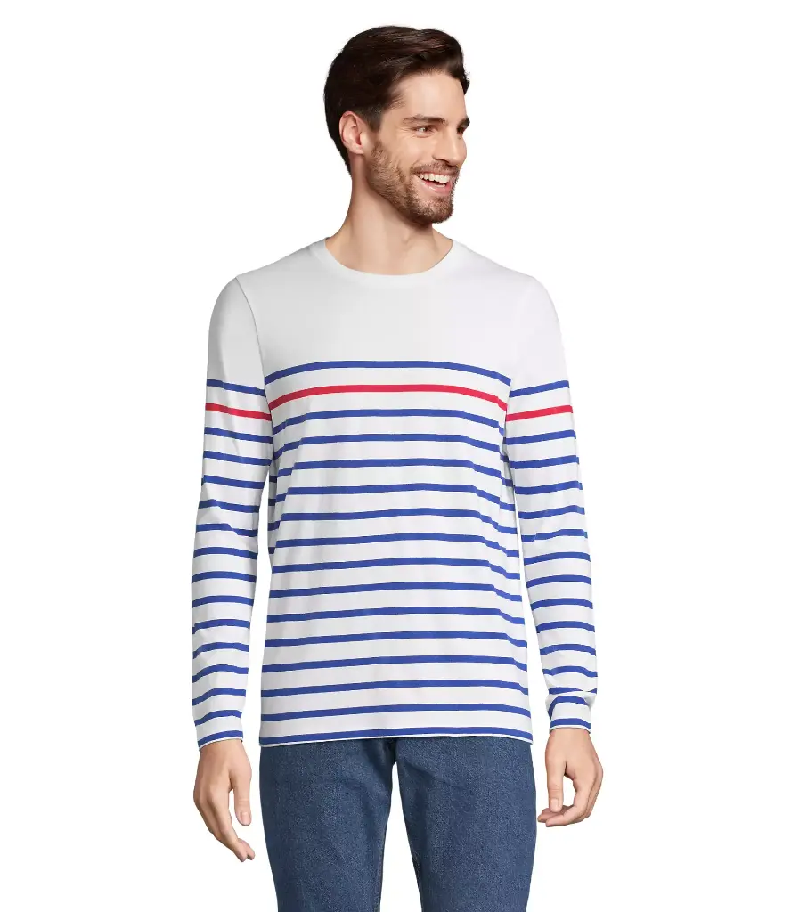 Męska dopasowana koszulka w paski z długim rękawem - White & Royal Blue 241 & Red