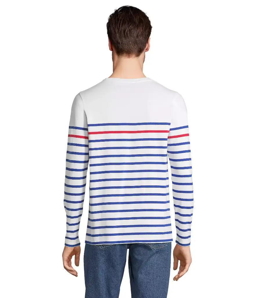 Męska dopasowana koszulka w paski z długim rękawem - White & Royal Blue 241 & Red