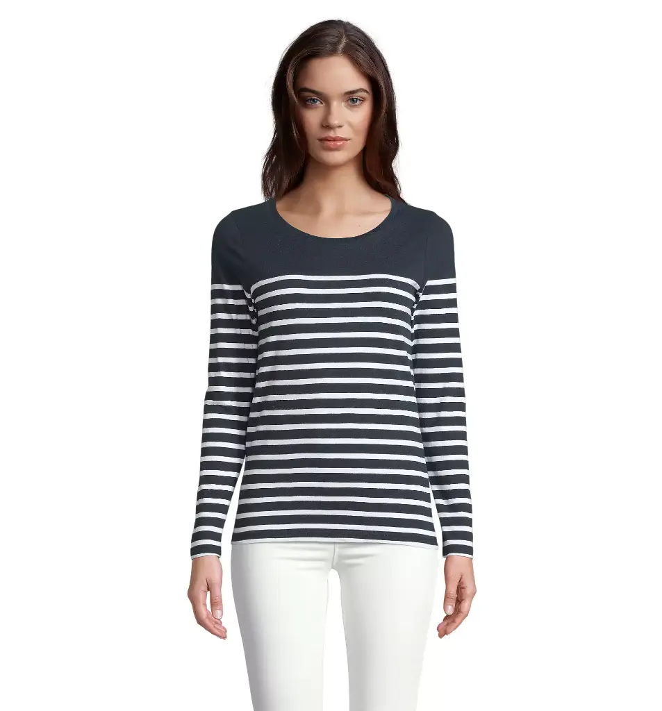 Damska koszulka w paski z długim rękawem - French Navy & White