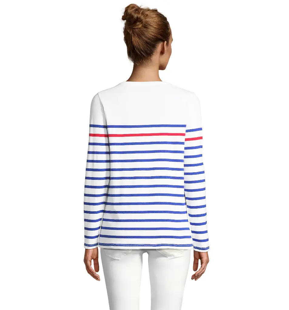 Damska koszulka w paski z długim rękawem - White & Royal Blue 241 & Red