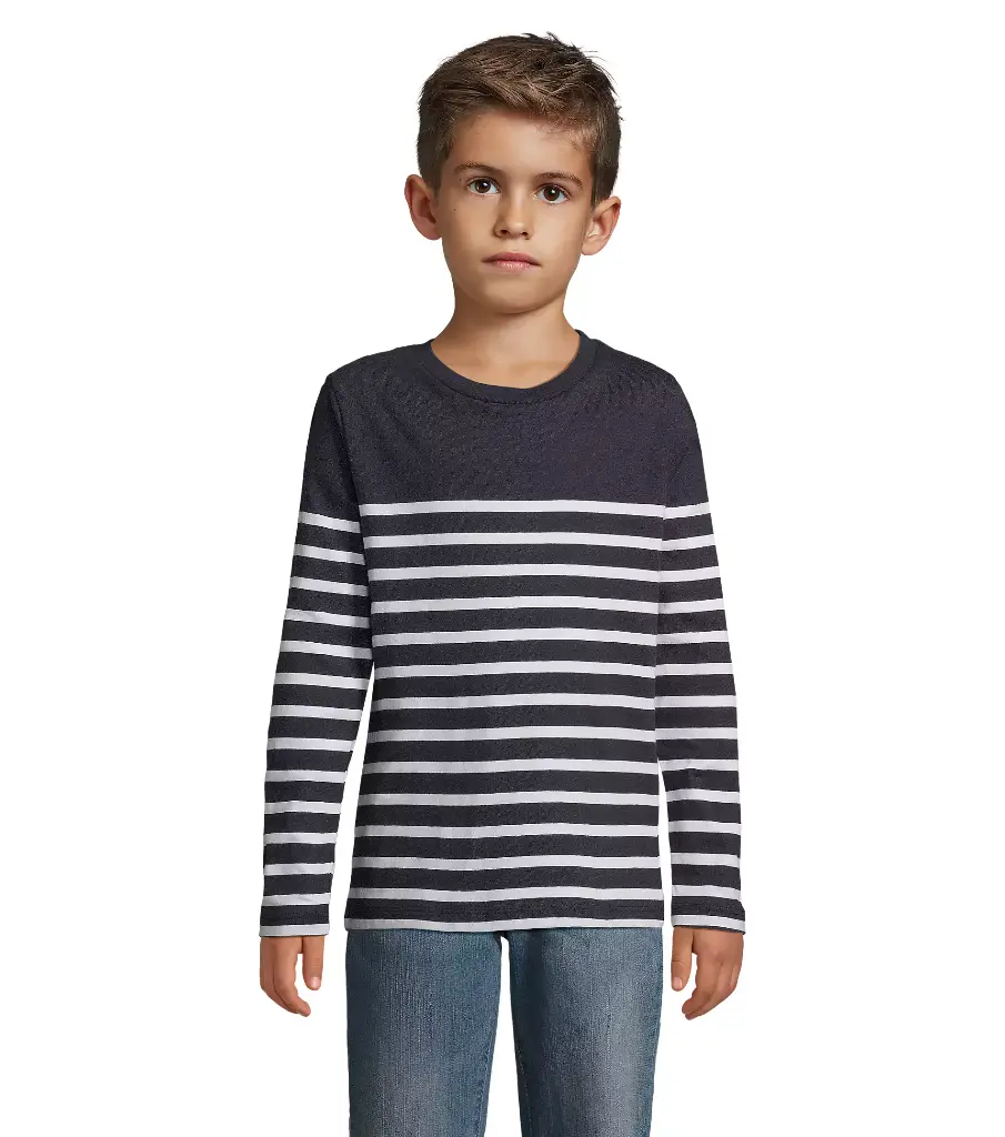 Dziecięcy T-shirt w Paski z Długim Rękawem - French Navy & White