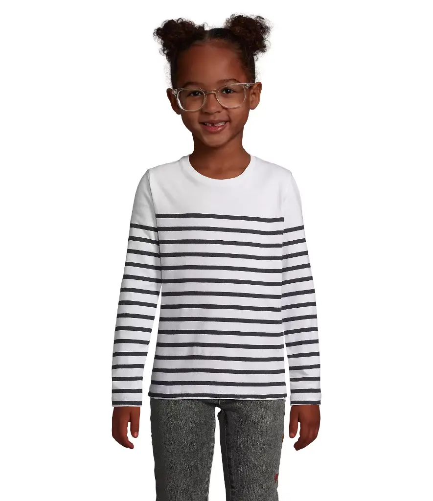 Dziecięcy T-shirt w Paski z Długim Rękawem - White & Navy