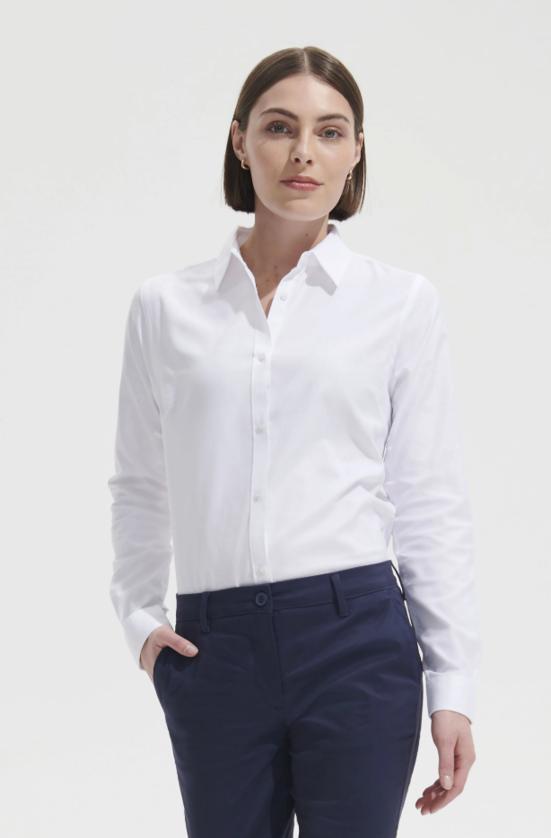 Damska koszula slim w jodełkę z długim rękawem - White