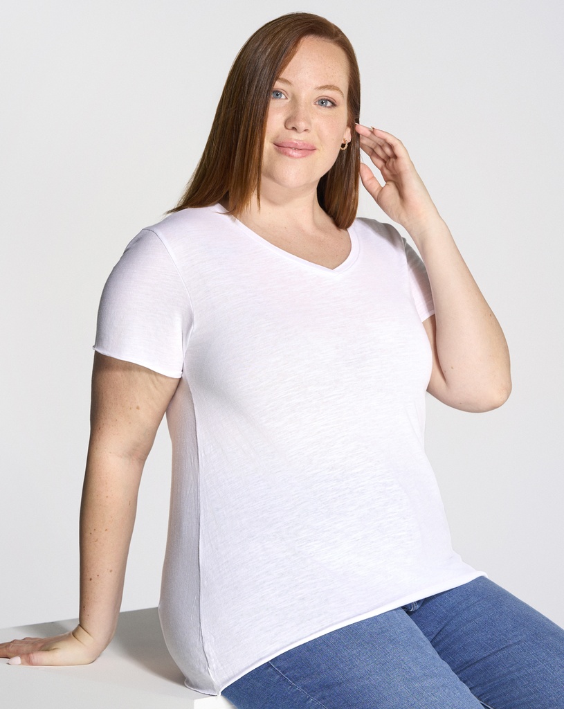 Damski T-shirt Slub z Dekoltem w Serek - White