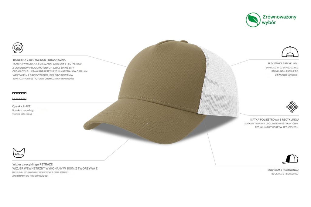 Czapka z daszkiem z recyklingu - Khaki & White