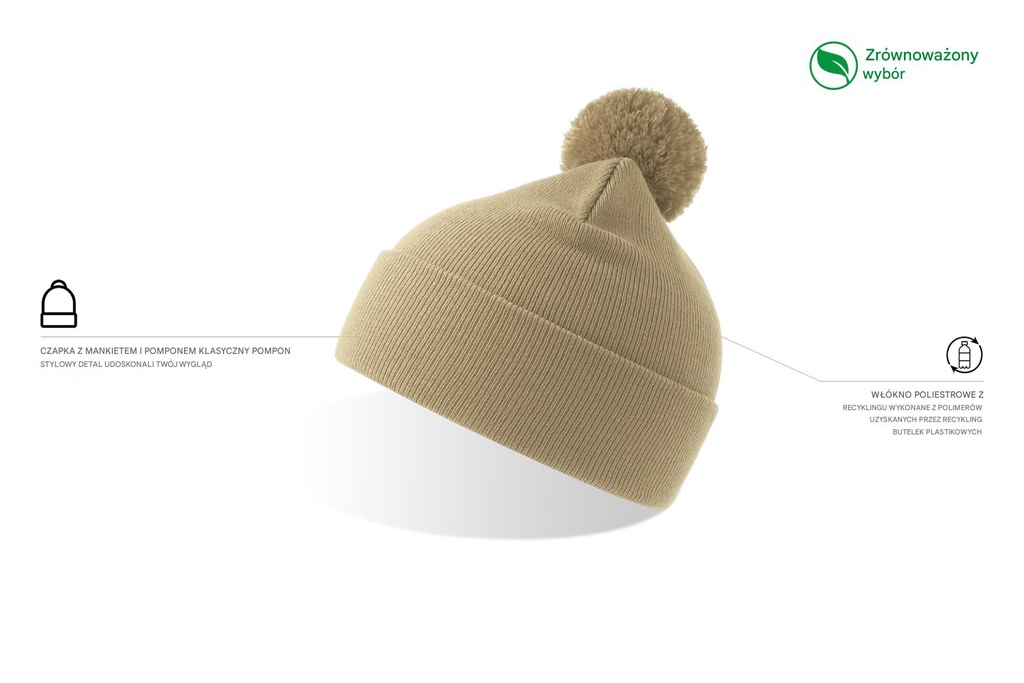 Czapka beanie z pomponem i mankietem - Beige