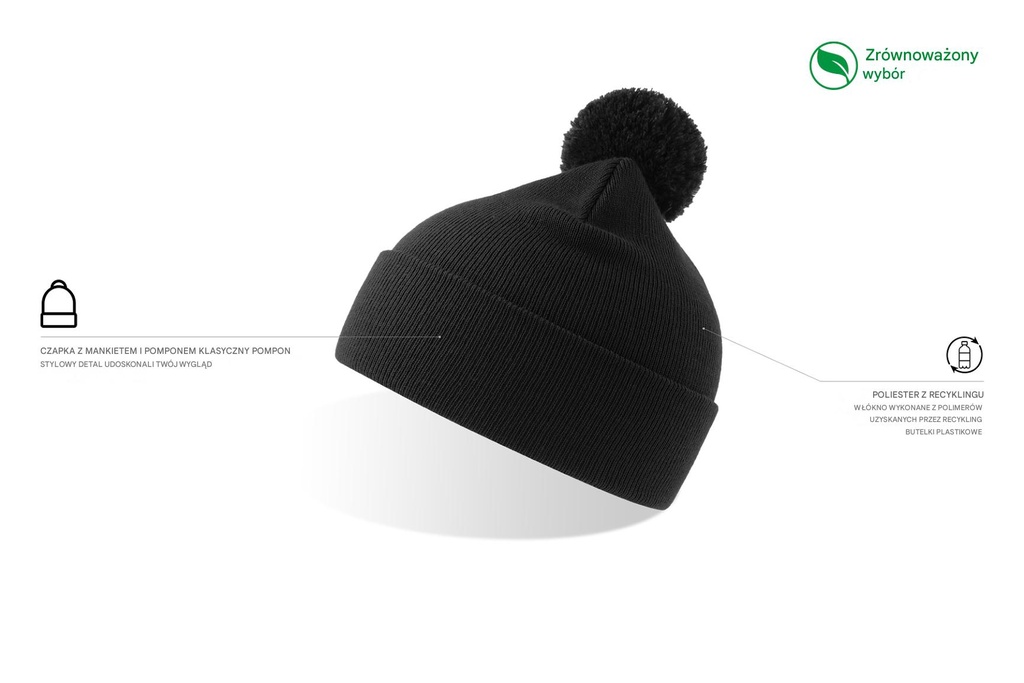 Czapka beanie z pomponem i mankietem - Black