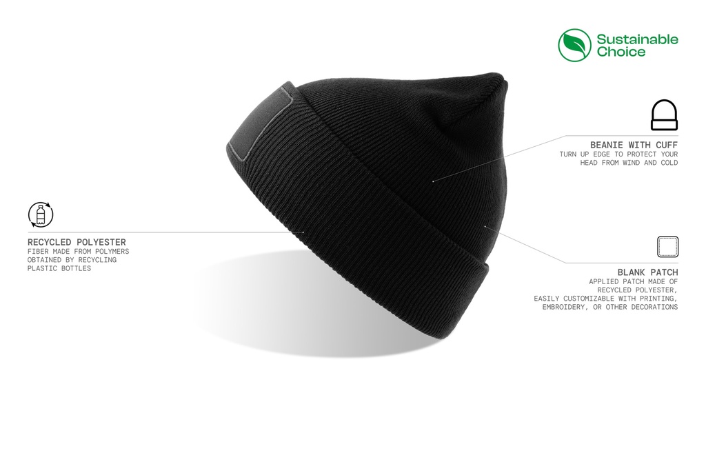 Czapka beanie z wywinięciem i naszywką - Black