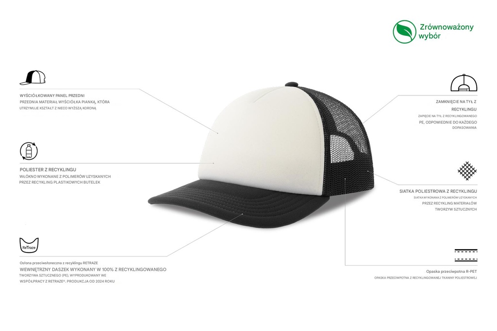 Czapka dziecięca z daszkiem z recyklingu - White & Black