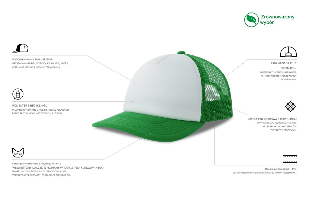 Czapka dziecięca z daszkiem z recyklingu - White & Green