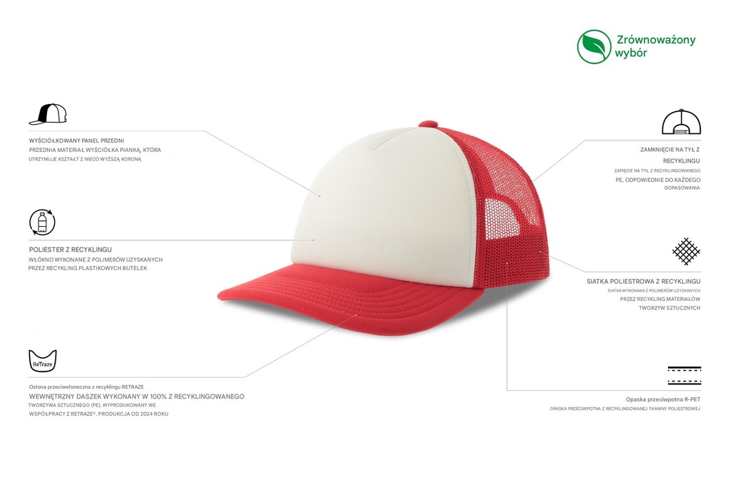 Czapka dziecięca z daszkiem z recyklingu - White & Red