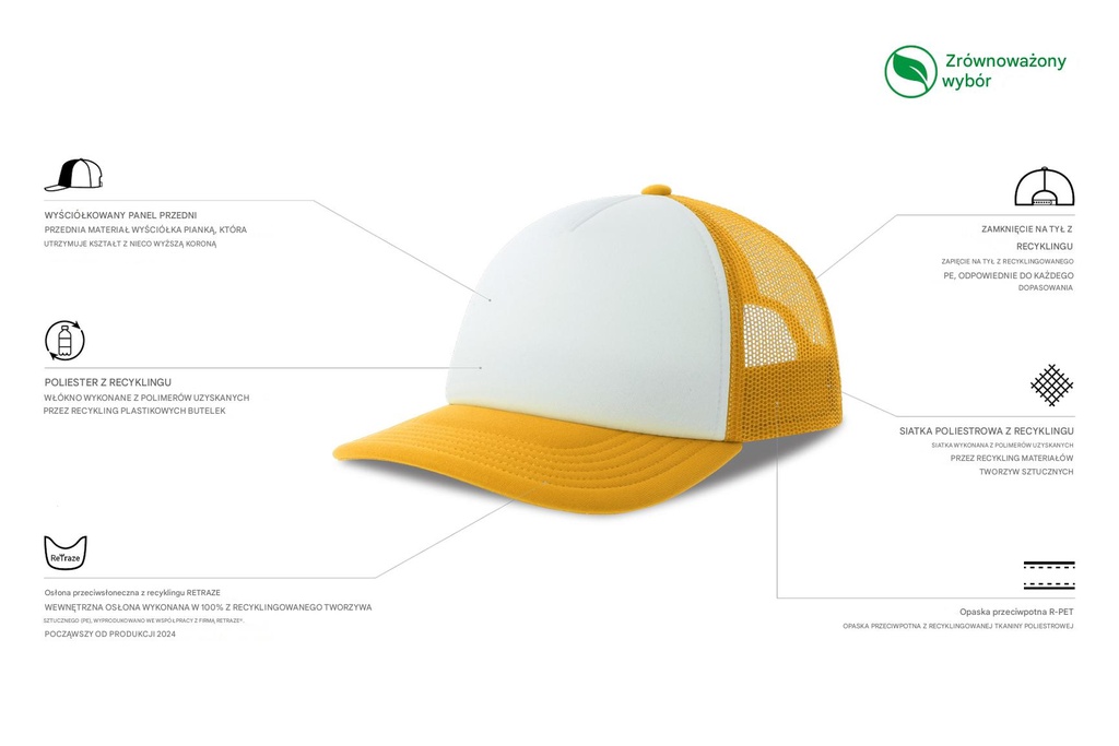 Czapka dziecięca z daszkiem z recyklingu - White & Yellow