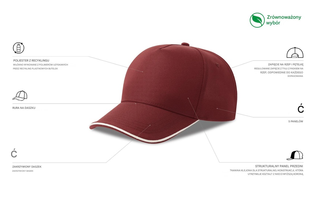 Czapka pięciopanelowa z recyklingu - Burgundy & White