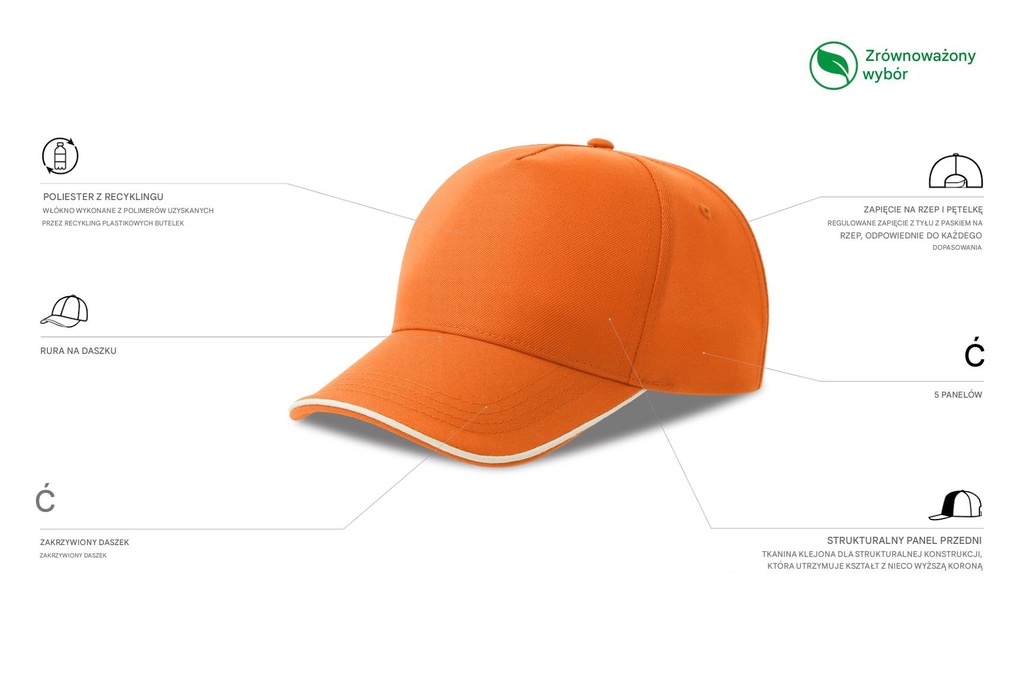 Czapka pięciopanelowa z recyklingu - Orange & White