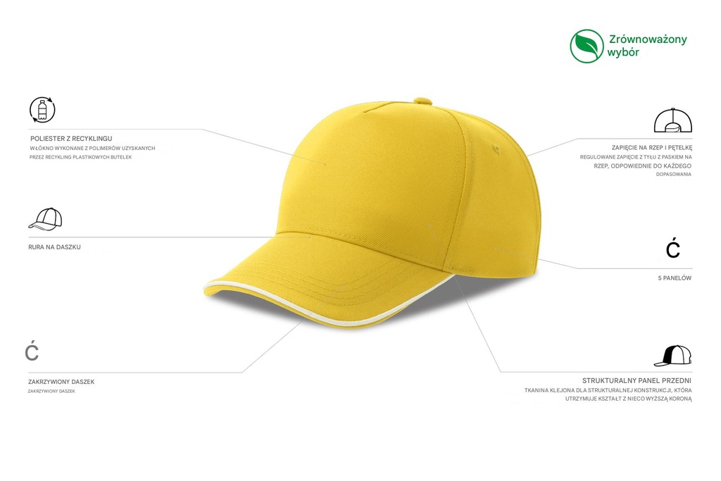 Czapka pięciopanelowa z recyklingu - Yellow & White