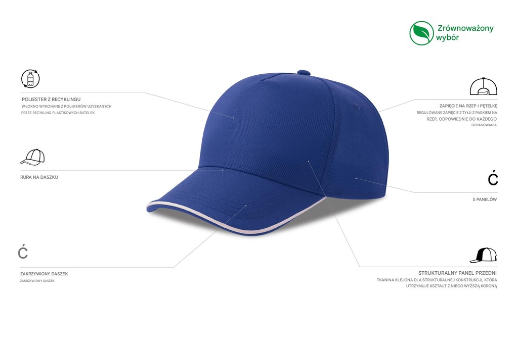 Czapka pięciopanelowa z recyklingu - Royal & White