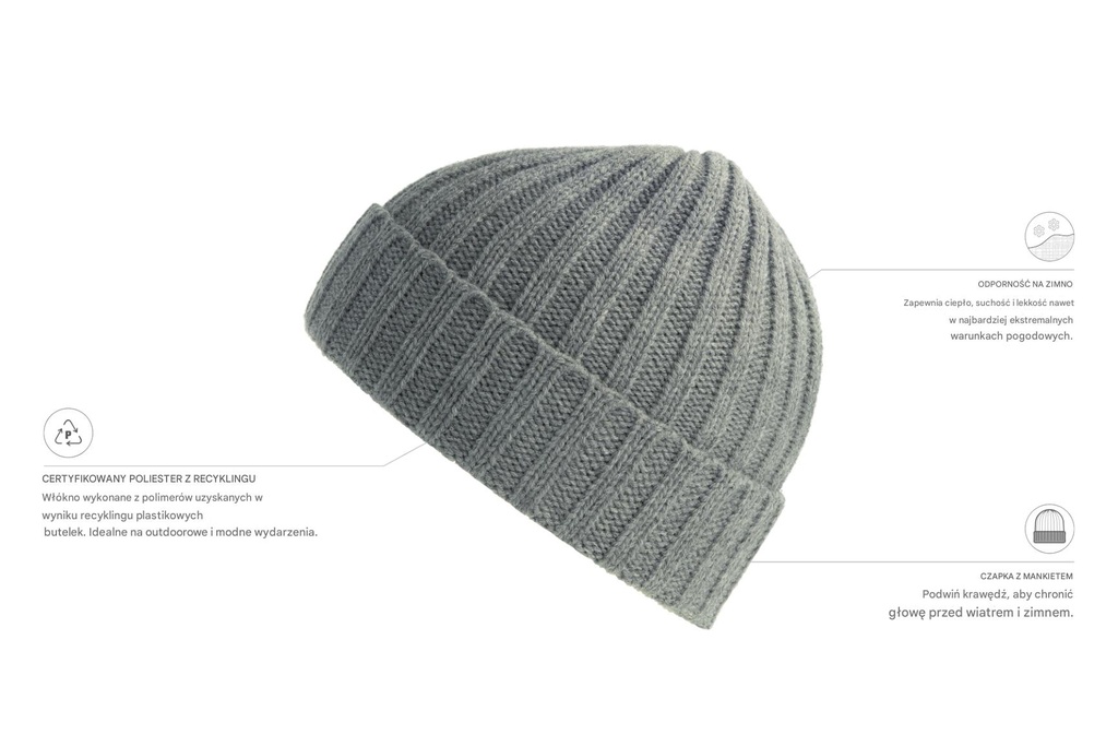 Czapka prążkowana z recyklingu - Light Grey Melange