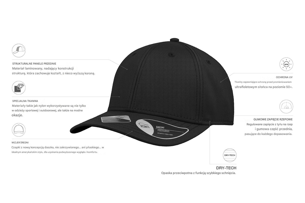 Czapka z daszkiem 6-panelowa UPF50+ - Black