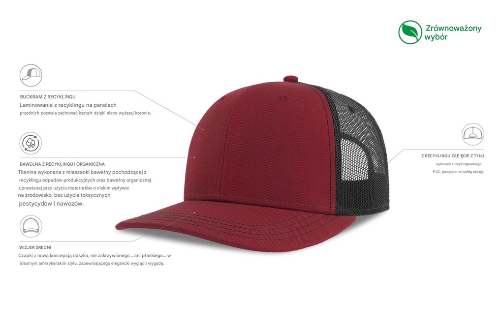 Czapka z daszkiem 6-panelowa z siateczką - Cardinal Red & Black