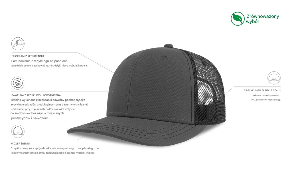 Czapka z daszkiem 6-panelowa z siateczką - Dark Grey & Black