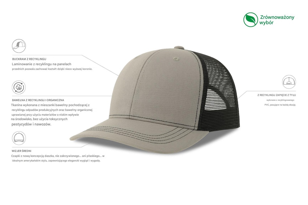 Czapka z daszkiem 6-panelowa z siateczką - Grey & Black