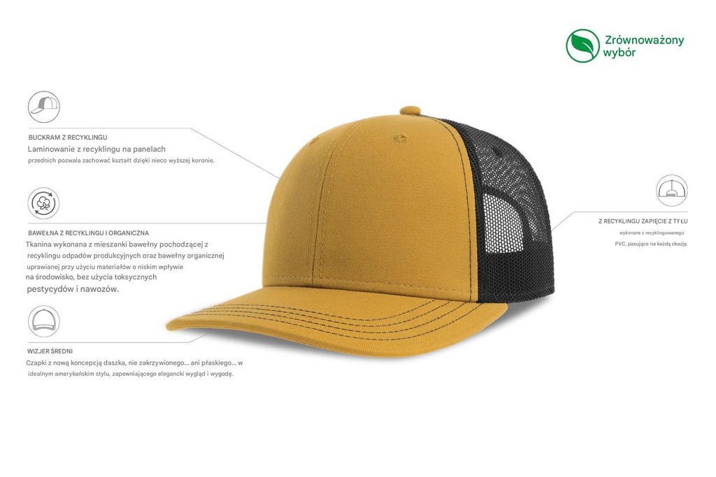 Czapka z daszkiem 6-panelowa z siateczką - Mustard & Black