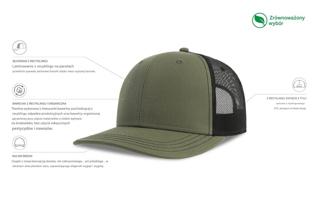 Czapka z daszkiem 6-panelowa z siateczką - Olive & Black