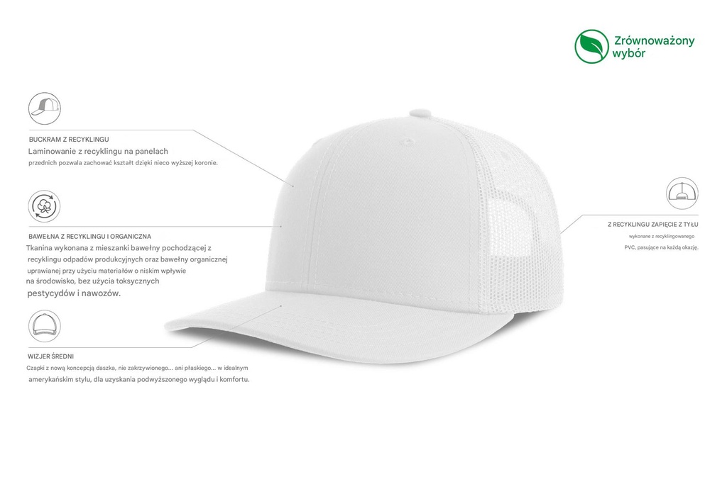 Czapka z daszkiem 6-panelowa z siateczką - White