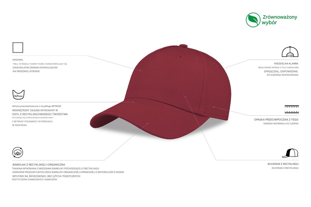 Czapka z daszkiem z bawełny organicznej - Burgundy