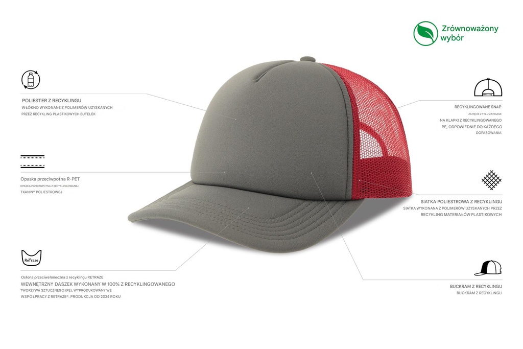Czapka z daszkiem z recyklingu - Dark Grey & Burgundy