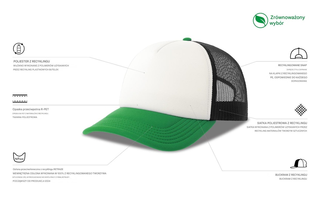 Czapka z daszkiem z recyklingu - White & Black & Green