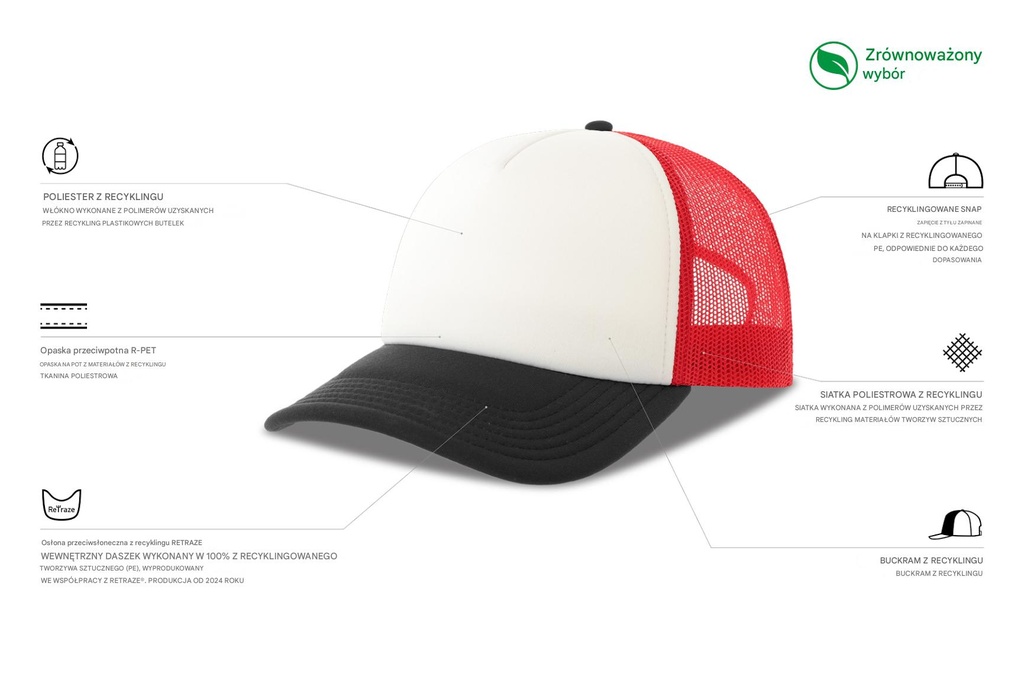 Czapka z daszkiem z recyklingu - White & Red & Black