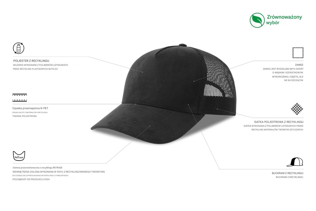 Czapka z daszkiem z recyklingu z zamszowym daszkiem - Black