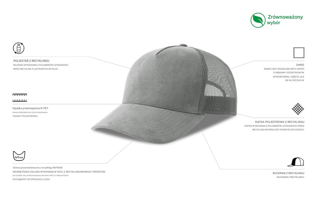 Czapka z daszkiem z recyklingu z zamszowym daszkiem - Grey