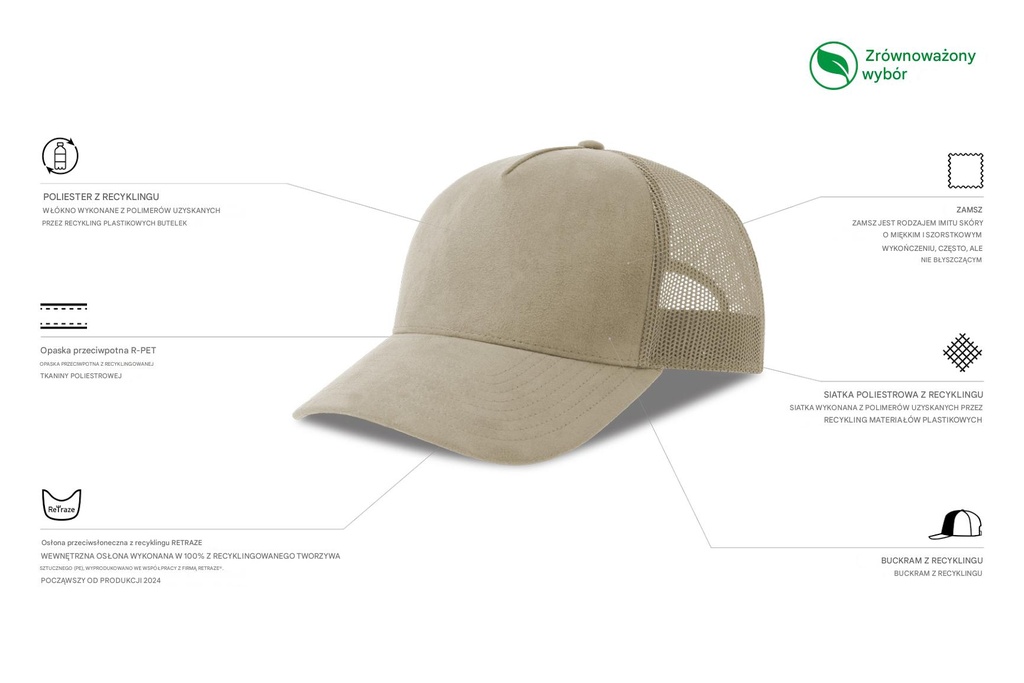Czapka z daszkiem z recyklingu z zamszowym daszkiem - Stone