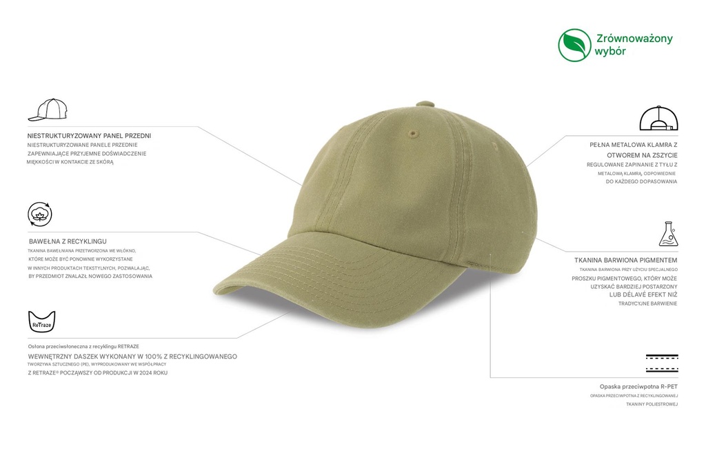 Czapka z daszkiem z recyklingu, 6-panelowa - Khaki