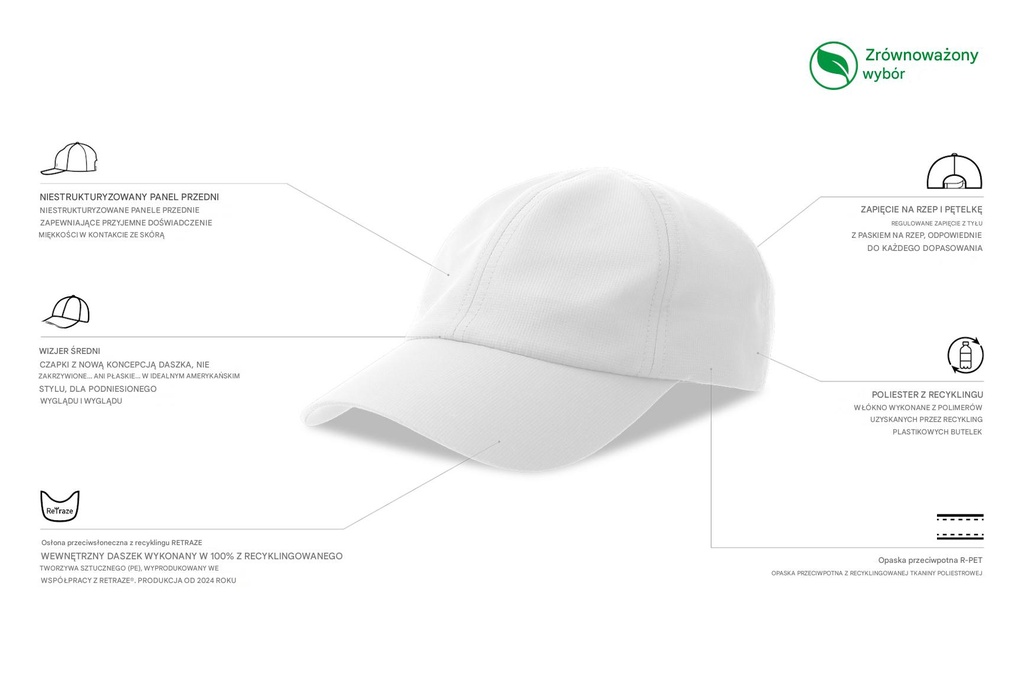 Czapka z recyklingu z daszkiem średnim - White