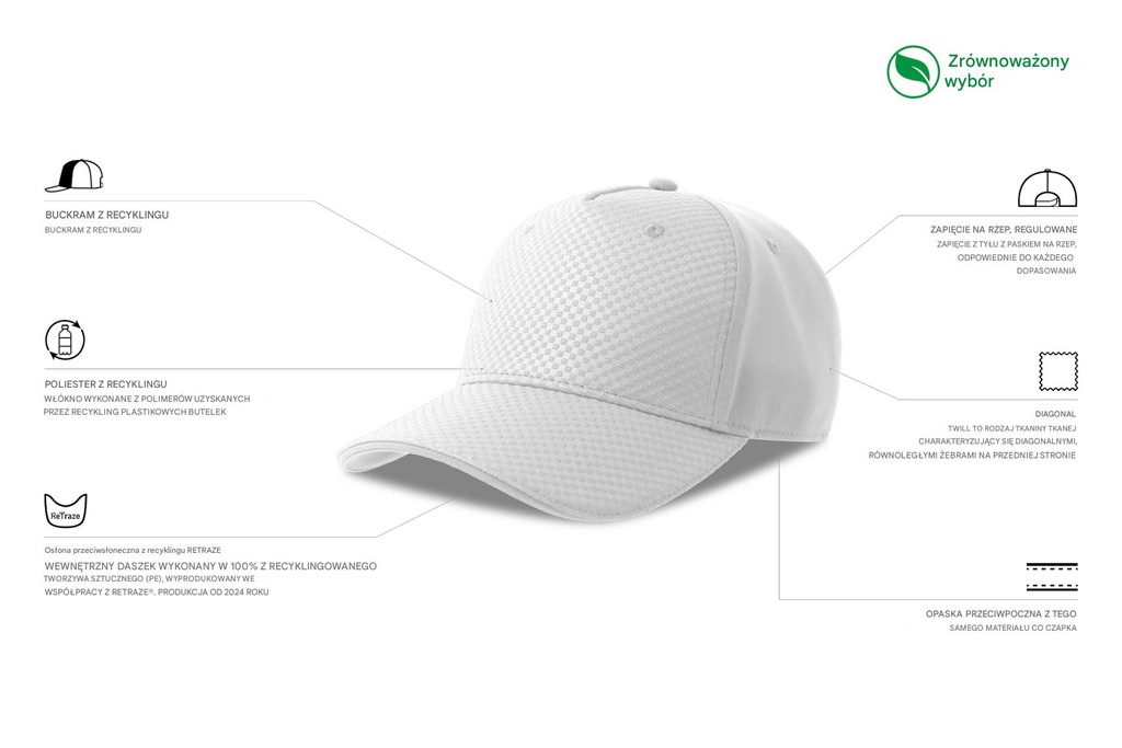 Czapka z recyklingu z zapięciem na rzep - White